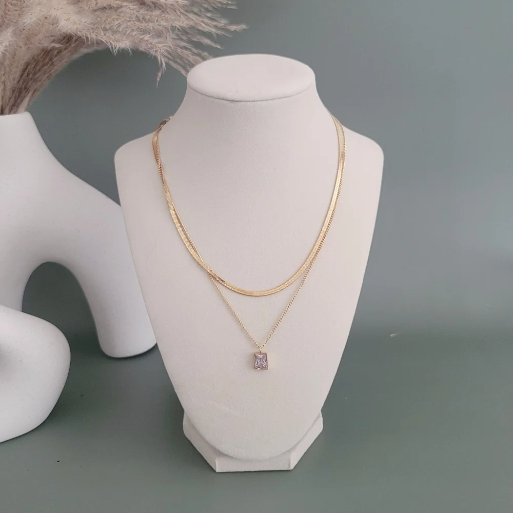 Stainless steel gold tone layered crystal necklace